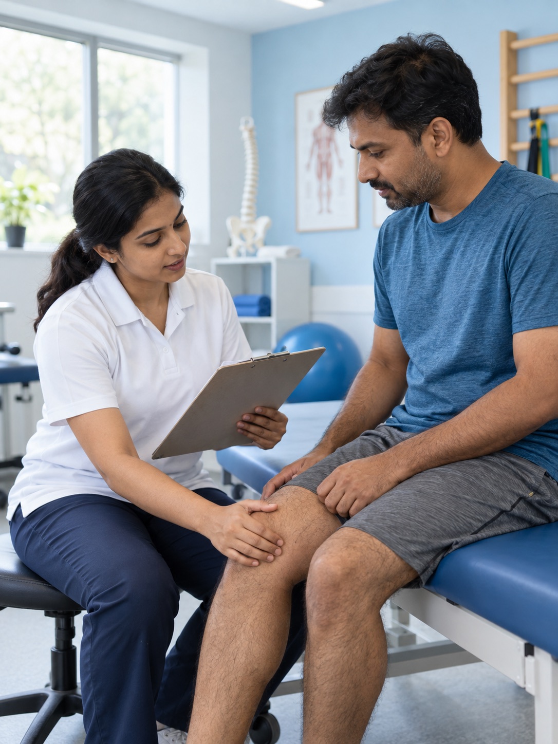 Physiotherapist assessing a patient's knee and discussing a treatment plan