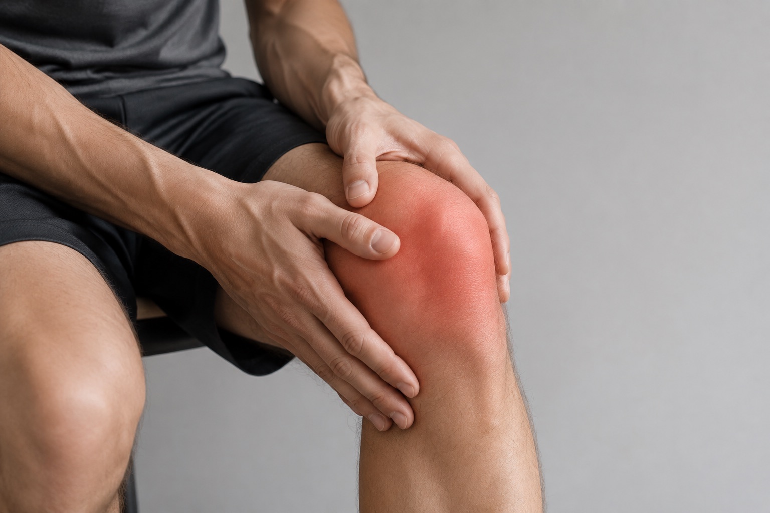 Adult supporting a painful knee with both hands