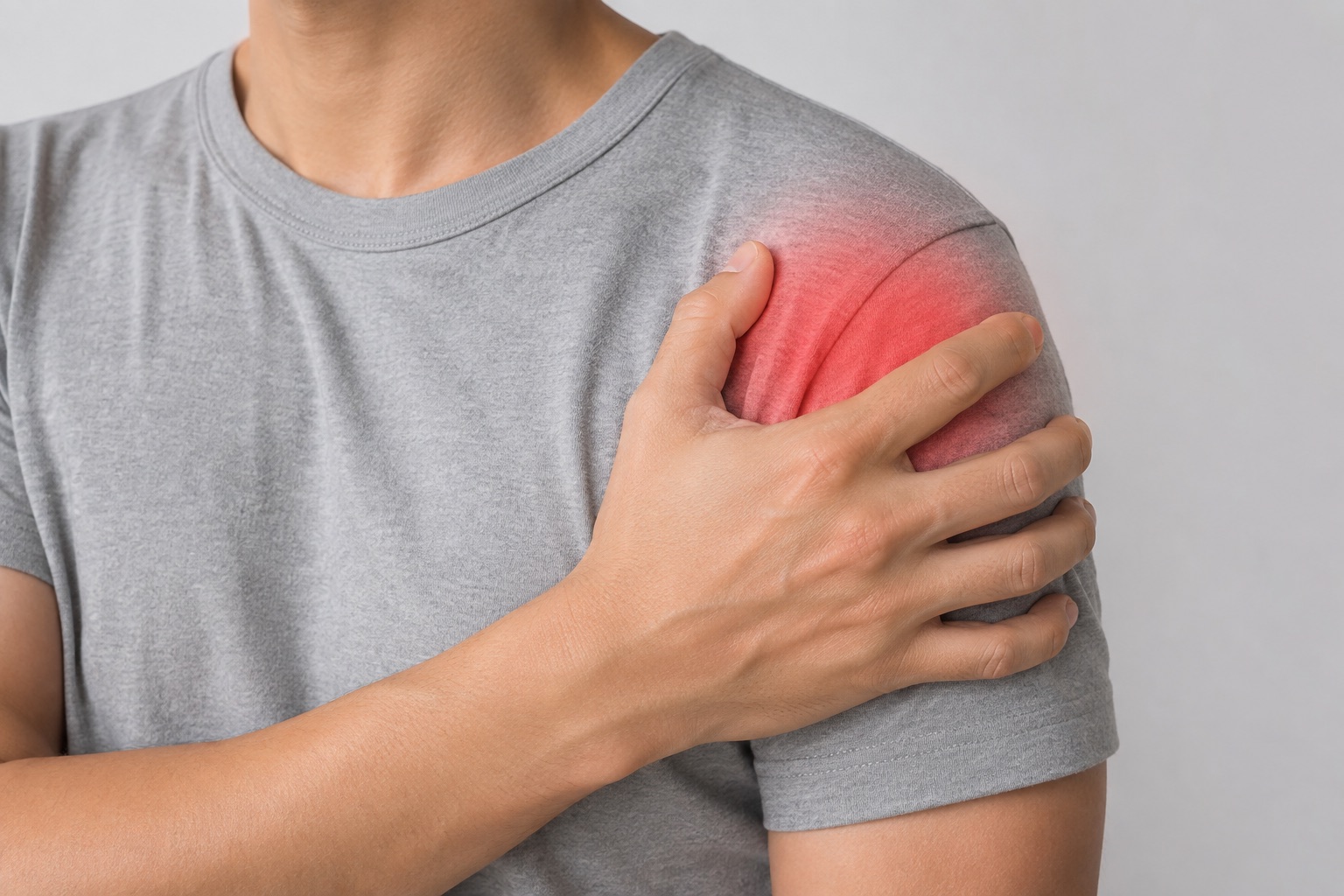Adult holding a sore shoulder with the painful area highlighted