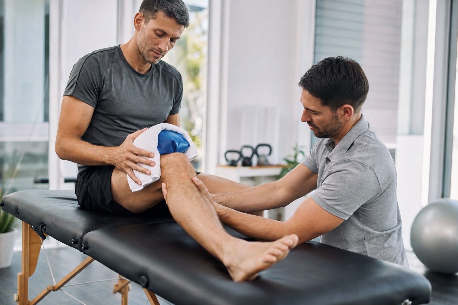 Physiotherapist supporting an athlete’s knee while a towel-wrapped cold pack is applied
